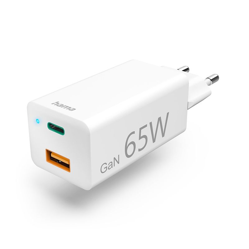 Foto van Hama snellader, gan, 1x usb-c pd, 1x usb-a qc, mini-oplader, 65 w oplader wit