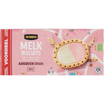 Foto van Jumbo melk biscuits aardbeiensmaak 9 x 2 stuks 41g voordeelverpakking