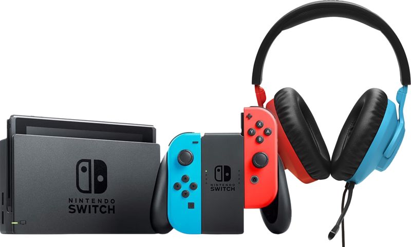 Foto van Nintendo switch rood/blauw + jbl quantum 100n