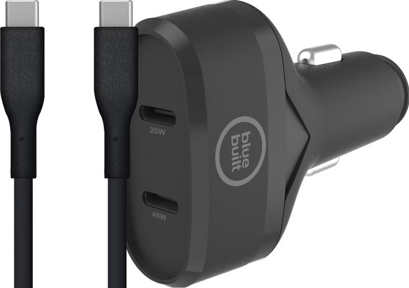 Foto van Bluebuilt power delivery autolader 45w zwart + veripart usb c kabel 2m kunststof zwart