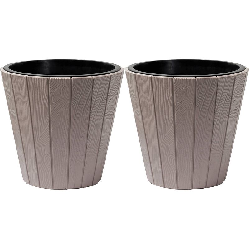 Foto van Prosperplast plantenpot/bloempot wood style - 2x - buiten/binnen - kunststof - beige - d35 x h32 cm - plantenpotten