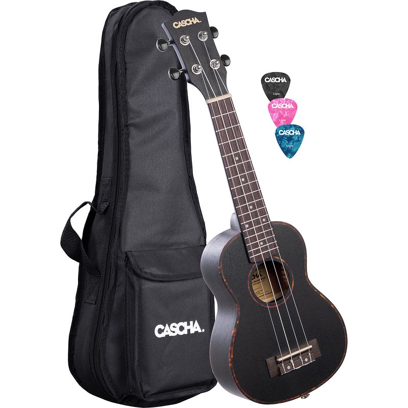 Foto van Cascha hh 2262 premium sopraan ukelele zwart met tas en plectra