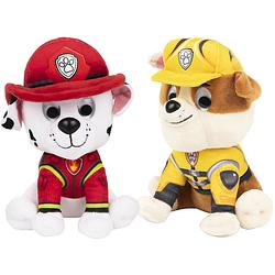 Foto van 2x stuks paw patrol pluche karakters knuffels rubble en marshall 15 cm - knuffeldier