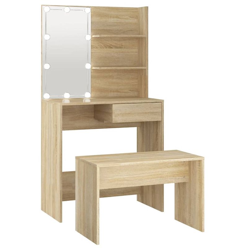 Foto van The living store kaptafelset sonoma eiken - 74.5 x 40 x 141 cm - led-verlichting - bewerkt hout