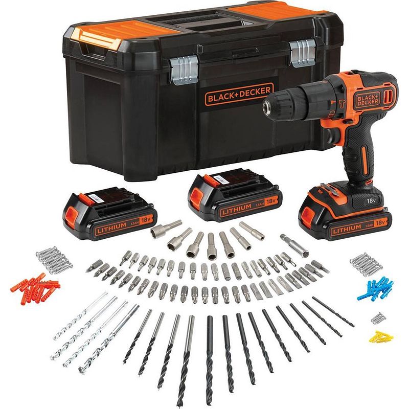 Foto van Black+decker bdchd181b3a-qw accu klopboormachine - 18v - 3 accu's - incl. 120 accessoires