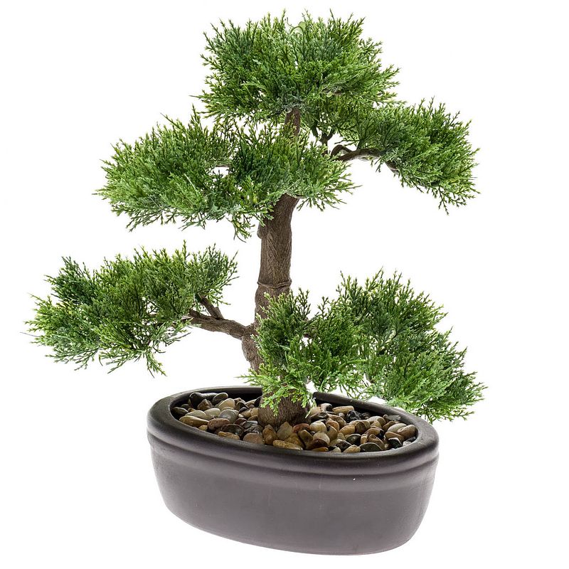 Foto van Bonsai boompje cedrus atlantica glauca kunstplant in ovale kunststof pot 32 cm - kunstplanten