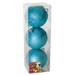 Foto van 3x stuks kerstballen ijsblauw glitters kunststof 10 cm - kerstbal
