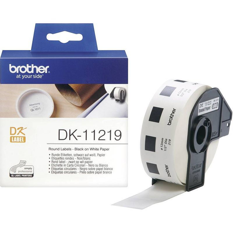 Foto van Brother dk-11219 rol met etiketten ø 12 mm papier wit 1200 stuk(s) permanent dk11219 universele etiketten