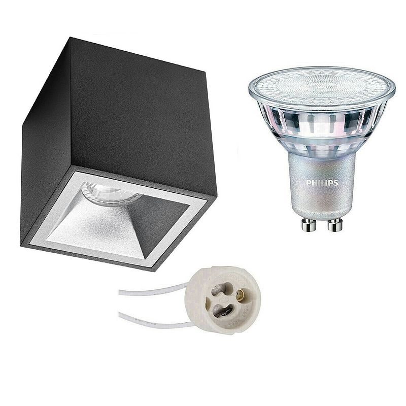 Foto van Opbouwspot set - pragmi cliron pro - gu10 fitting - opbouw vierkant - mat zwart/zilver - verdiept - 90mm - philips -