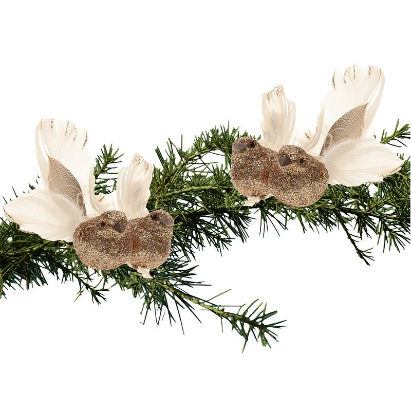 Foto van 4x stuks decoratie vogels op clip glitter champagne 11 cm - kersthangers