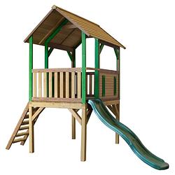 Foto van Axi bogo speelhuis op palen & groene glijbaan speelhuisje voor de tuin / buiten in bruin & groen van fsc hout