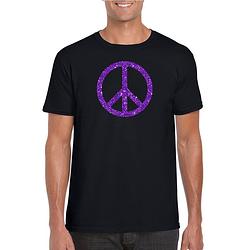 Foto van Toppers zwart flower power t-shirt paarse glitter peace teken heren 2xl - feestshirts