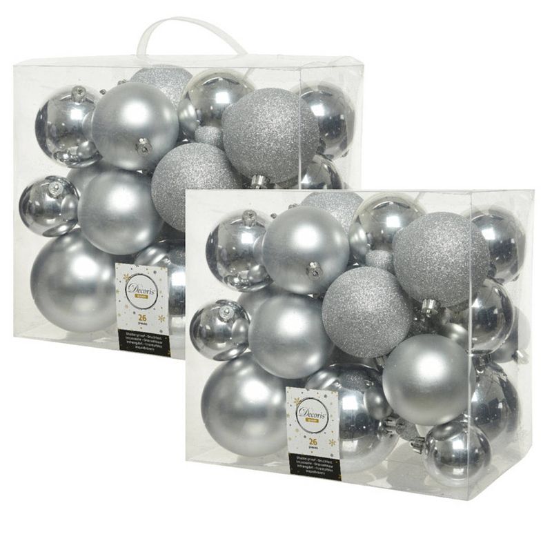 Foto van 52x stuks kunststof kerstballen zilver 6-8-10 cm glans/mat/glitter - kerstbal