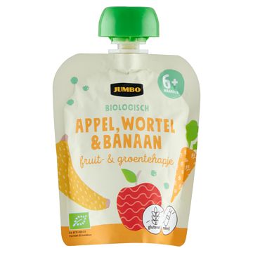 Foto van Jumbo biologisch fruit & groentehapje 6+ maanden appel, wortel & banaan 90g