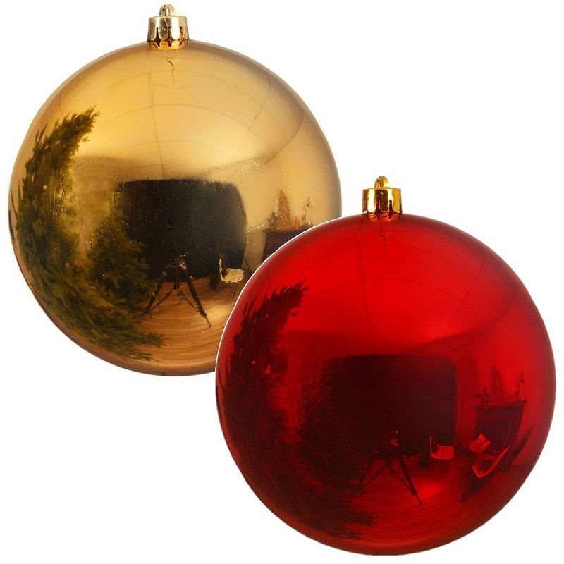 Foto van 2x grote kerstballen goud en rood van 25 cm glans van kunststof - kerstbal