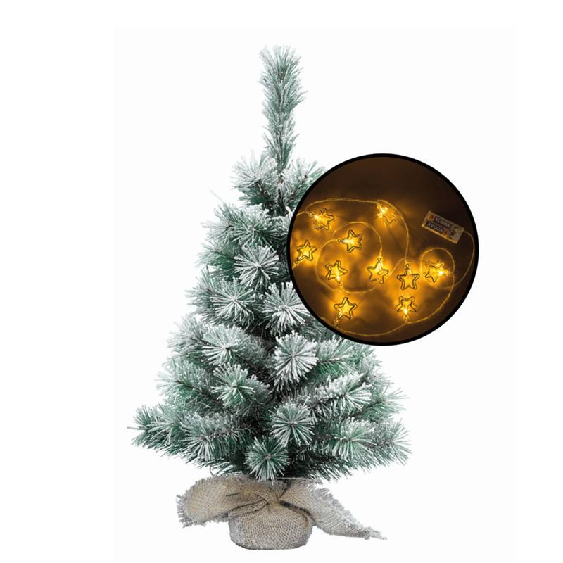 Foto van Mini kerstboom besneeuwd - met 3d sterren verlichting - h60 cm - kunstkerstboom