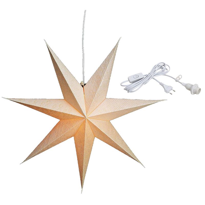 Foto van Kerstversiering creme witte papier decoratie kerststerren 60 cm inclusief witte lichtkabel - kerststerren