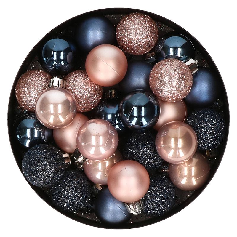 Foto van 28x stuks kunststof kerstballen lichtroze en donkerblauw mix 3 cm - kerstbal