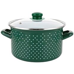 Foto van Emalia retro green klassieke geëmailleerde kookpan met glazen deksel 16 cm 2.1l groen / wit