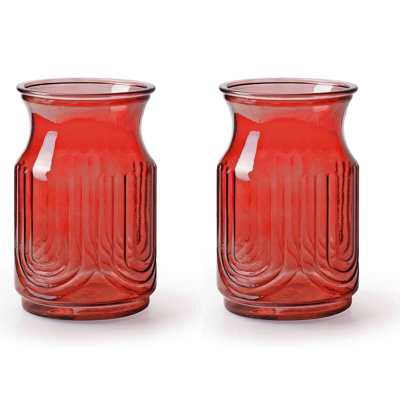 Foto van 2x stuks bloemenvazen - rood/transparant glas - h20 x d12.5 cm - vazen