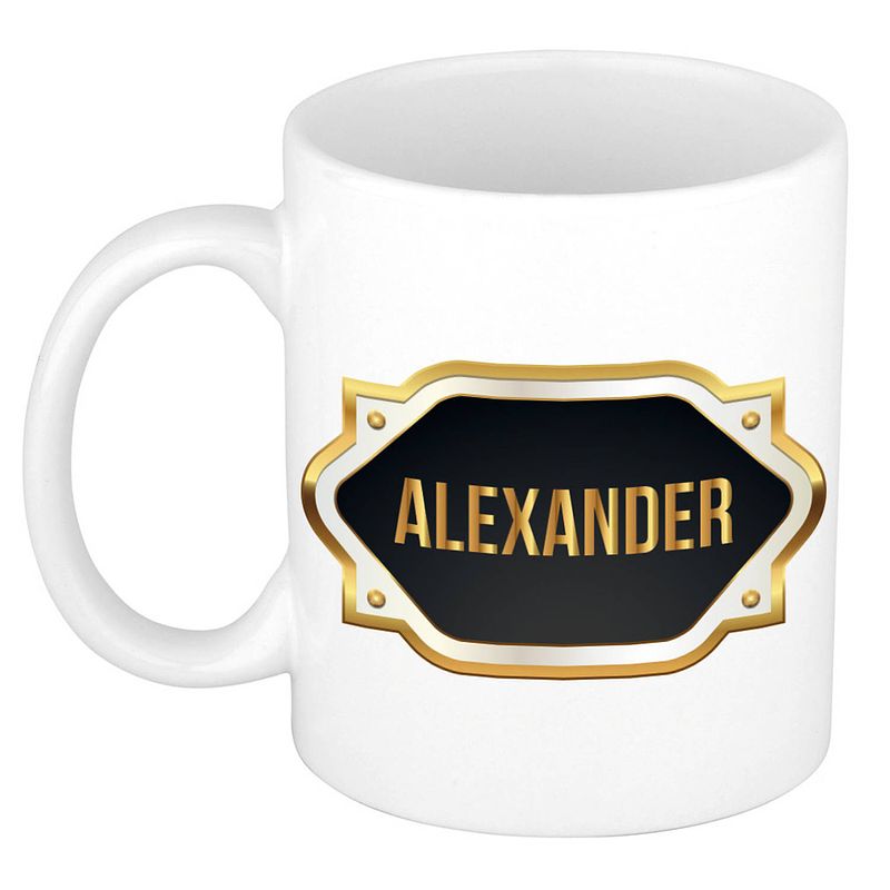 Foto van Naam cadeau mok / beker alexander met gouden embleem 300 ml - naam mokken