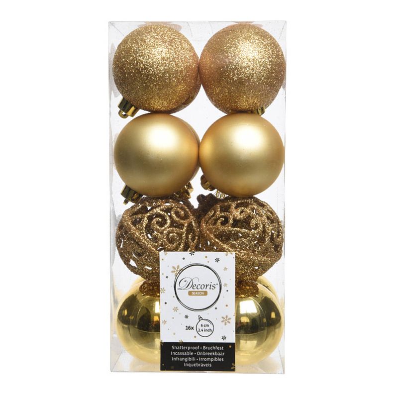 Foto van 16x kunststof kerstballen mix goud 6 cm kerstboom versiering/decoratie - kerstbal