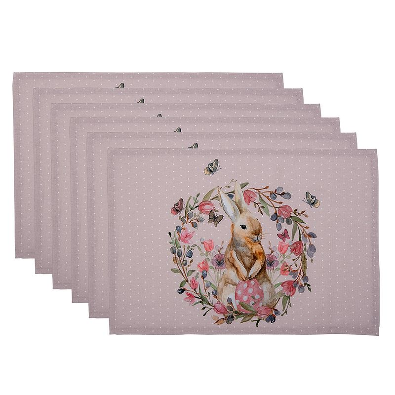 Foto van Clayre & eef placemats set van 6 48*33 cm wit, roze, beige 100% katoen rechthoek konijn en bloemen tafelmat beige