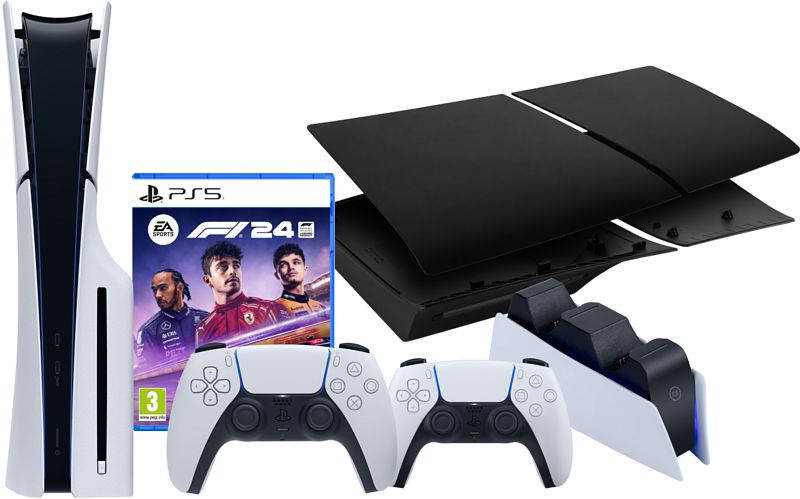 Foto van Playstation 5 slim disc edition + f1 24 + covers zwart + extra controller + oplaadstation