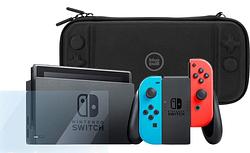 Foto van Nintendo switch rood/blauw + bluebuilt screenprotector + bluebuilt beschermhoes