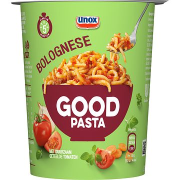 Foto van 2 zakken soep a 570 ml, pakken cupasoup a 3 stuks of single verpakkingen noodles of pasta | unox good pasta bolognese 68g aanbieding bij jumbo