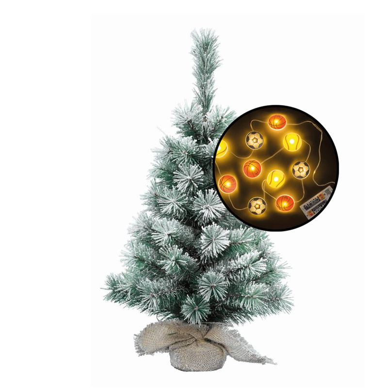 Foto van Mini kerstboom besneeuwd - met sport thema verlichting - h60 cm - kunstkerstboom