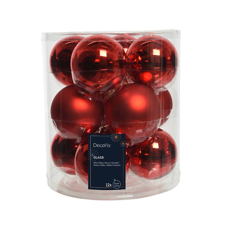 Foto van Decoris - kerstbal glas d8 cm kerstrood 12st kerst