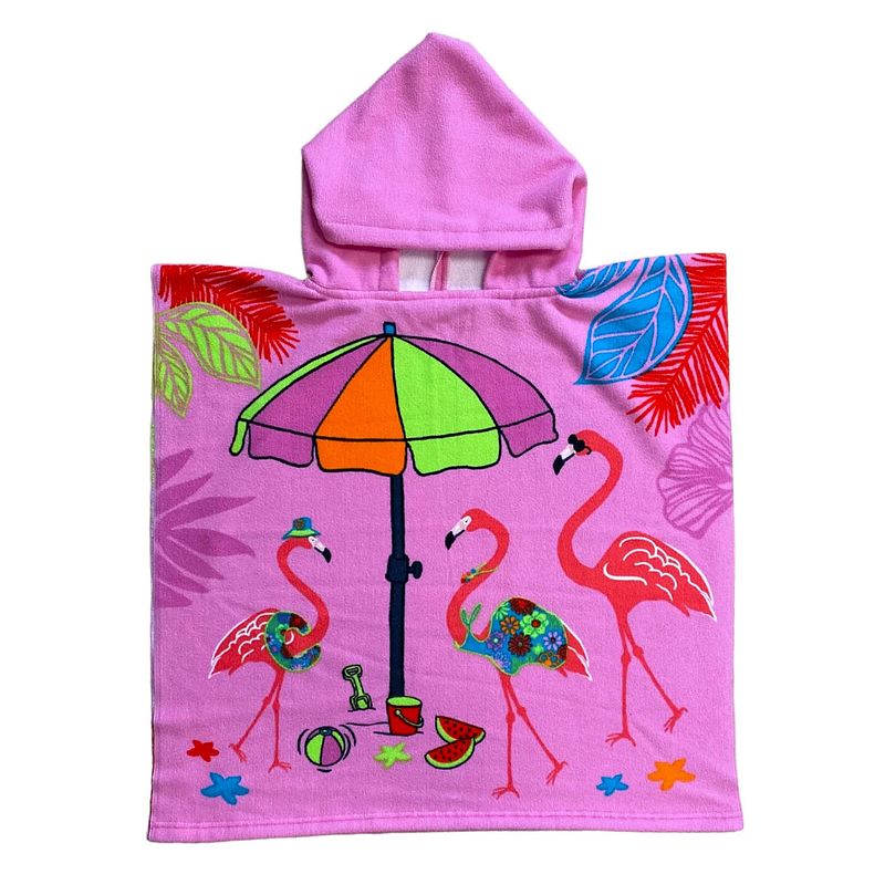 Foto van Bad cape/poncho - kinderen - flamingo print - 60 x 120 cm - microvezel - badcapes