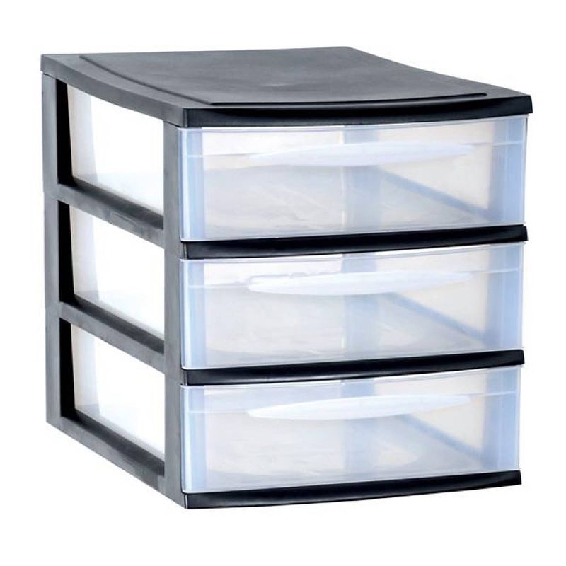 Foto van Ladenkast/bureau organizer zwart stapelbaar a4 met 3x lades l26 x b36 x h28 cm - ladeblok