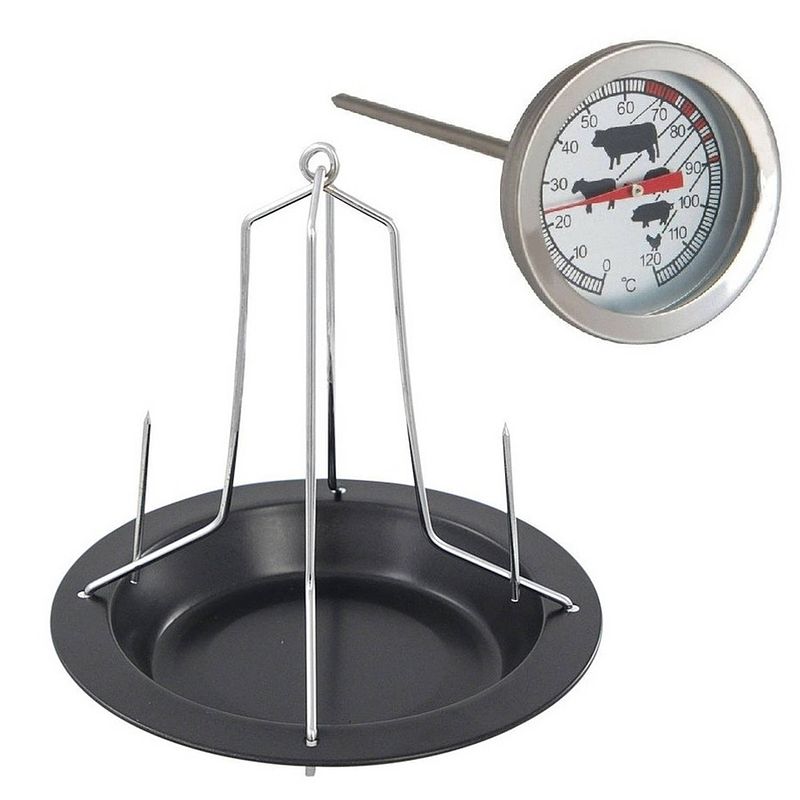 Foto van Stalen kippenspit/kiphouder met schotel zwart 20 x 18 cm met vleesthermometer - ovenschalen