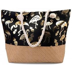 Foto van Strandtas flamingo/ananas print zwart/goud 54 cm - strandartikelen beach bags/shoppers met ritssluiting