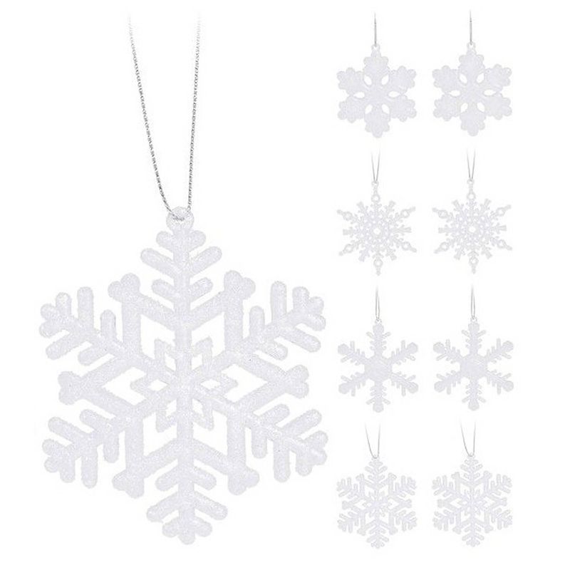 Foto van 8x kersthangers figuurtjes witte sneeuwvlok/ster 10 cm glitter - kersthangers