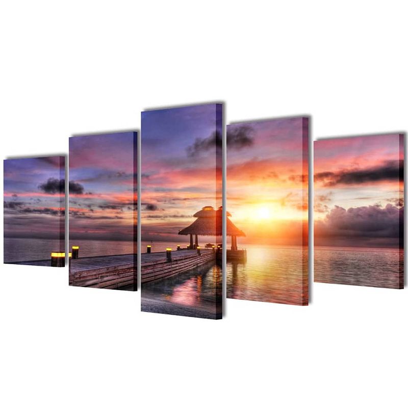 Foto van Canvasdoeken zandstrand met paviljoen 200 x 100 cm