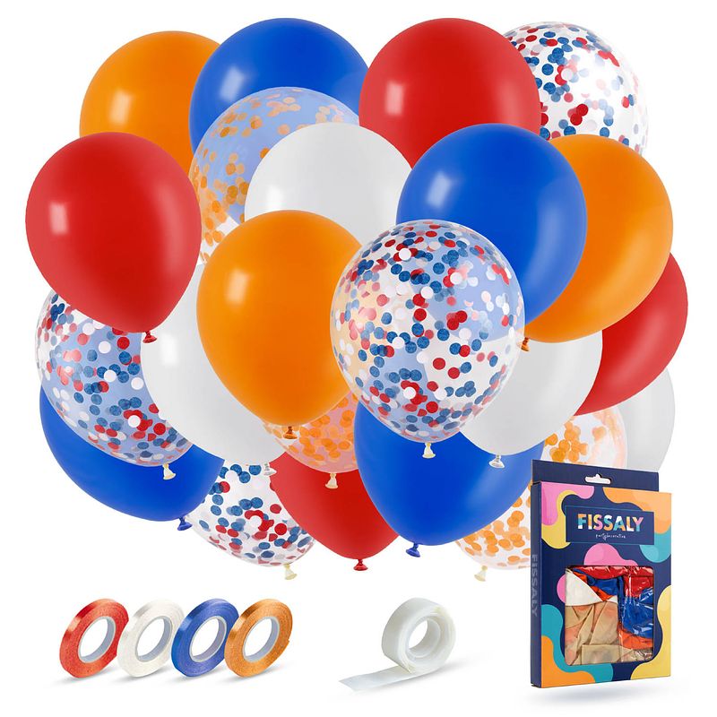 Foto van Fissaly® 40 stuks rood, wit, blauw & oranje helium ballonnen met lint - koningsdag - decoratie - papieren confetti