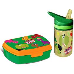 Foto van Crazy dino lunchbox set voor kinderen - 2-delig - groen - kunststof - lunchboxen