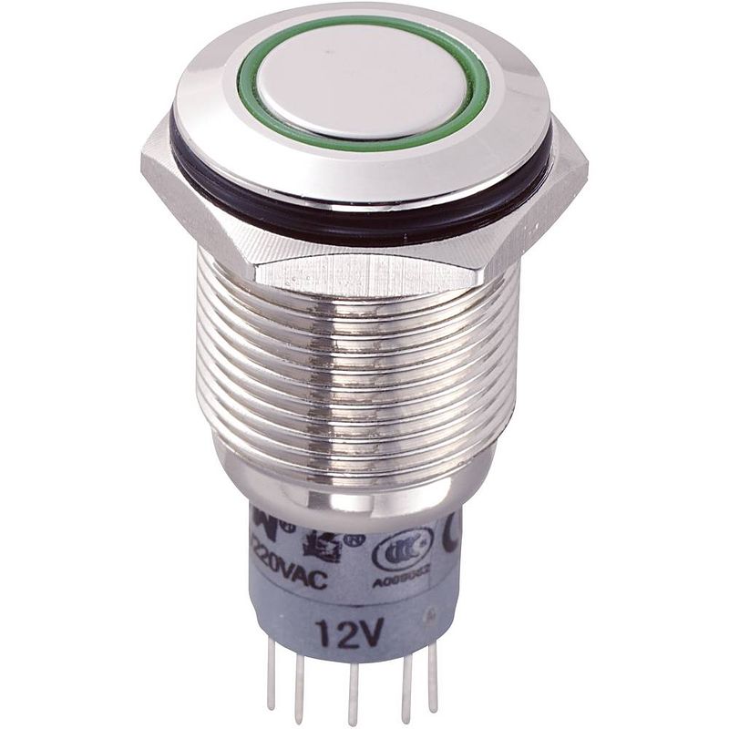 Foto van Tru components 701792 las2gqf-22e/g/12v/n/p vandalismebestendige druktoets 250 v/ac 3 a 2x aan/(aan) moment groen 1 stuk(s)