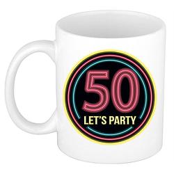 Foto van Verjaardag mok / beker - lets party 50 jaar - neon - 300 ml - verjaardagscadeau - feest mokken