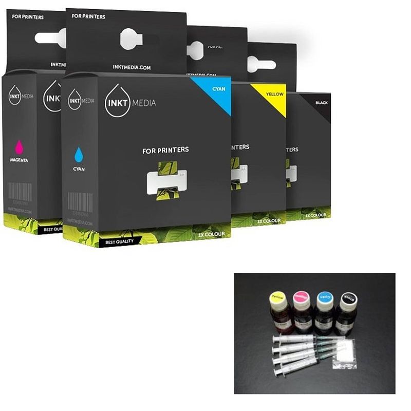 Foto van Inktmedia® - huismerk epson 1x 664 zwart 100ml 1x 664 cyaan 100ml 1x 664 magenta 100ml en 1x 664 geel 100ml navul inkt