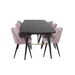 Foto van Gold eethoek eetkamertafel uitschuifbare tafel lengte cm 180 / 220 zwart en 6 velvet eetkamerstal velours roze, zwart.