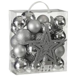 Foto van 39x stuks kunststof kerstballen en kerstornamenten met ster piek zilver mix - kerstbal