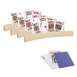 Foto van 4x stuks speelkaarthouders hout 35 cm inclusief 54 speelkaarten blauw - speelkaarthouders