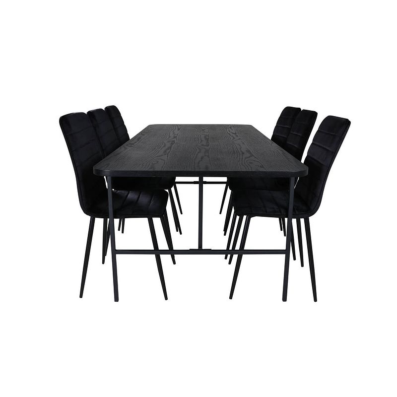 Foto van Unobl eethoek eetkamertafel zwart en 6 windu lyx eetkamerstal velours zwart.