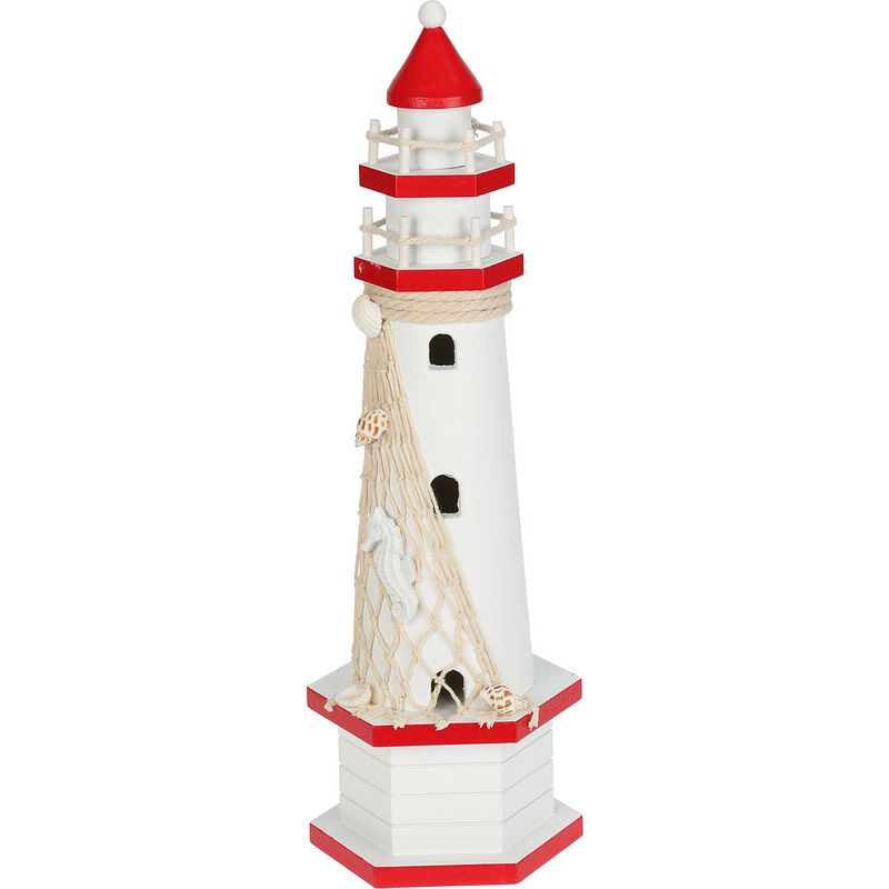 Foto van Maritieme decoratie beeldje vuurtoren - hout - 10 x 36 cm - rood/wit - beeldjes