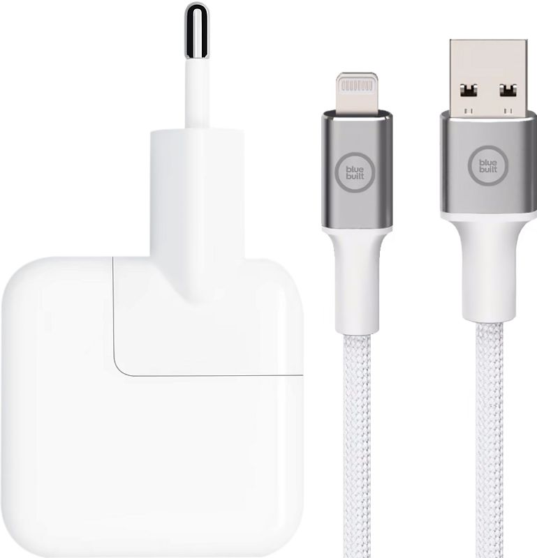 Foto van Apple 12w usb oplader + bluebuilt usb a naar lightning kabel 1,5m nylon wit