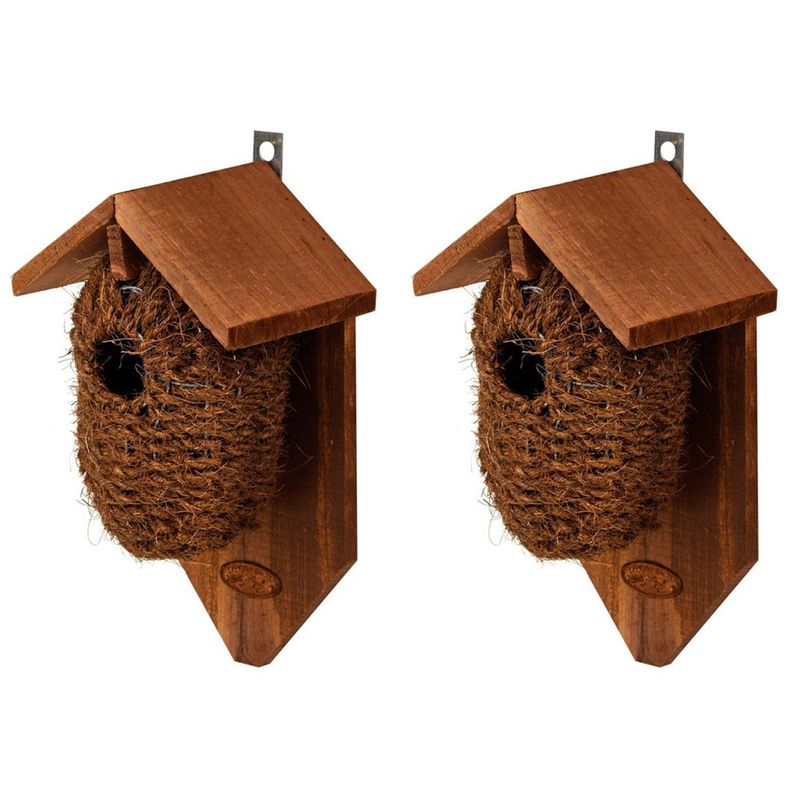 Foto van 2x stuks houten vogelhuisjes/nestbuidels kokos 26 cm - vogelhuisjes